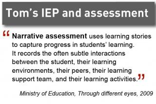 Tom's IEP and assessment. Narrative assessment is