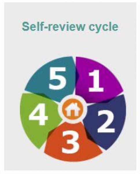 A circular diagram representing the five steps of the W@S self-review cycle. This continuous cycle takes schools through 5 steps that aim to support ongoing improvement.